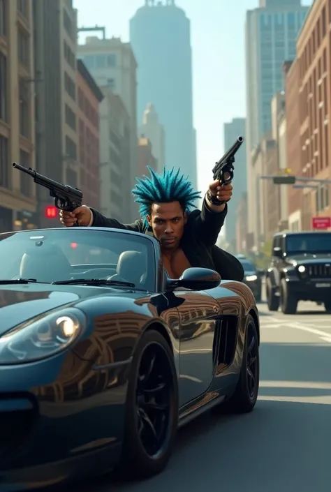 A black man with blue rasta hair style is doing a city tour in a sports car while 2 men with their faces covered up kill the black man with long barreled guns after getting out of the car in a black jeep 