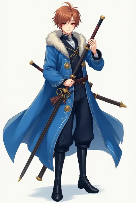 Anime  boy wearing royal blue  clothes looking beautiful red orange eyes brown hair and a sword in his hands and black footwear