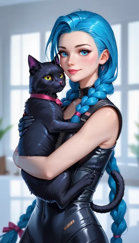 League of Legends Jinx、(((Hug a black cat:1.37)))、solo play 、 braided pigtails、black latex combat uniform、 glitter effect,  blurred background,   surrealism, Reality, 