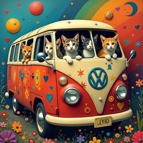 the front of a love, peace and flowers decorated VW van with 4 cats inside looking out the windshield set in the style of joan miro in a vibrant psychedelic background --stylize 200 --v 6.1