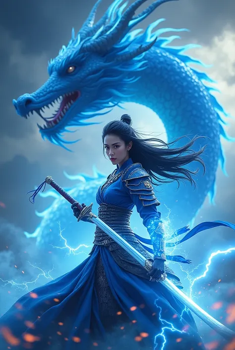 (masterpiece:1.2, Best Quality),  Advanced images like the picture , Very real, Beautiful photos,  real, 8k,  A woman in blue shining armor ,  cowboy shots,  long black hair fluttering in the wind,  waving a Japanese sword , The sword is shining pale ,  He...