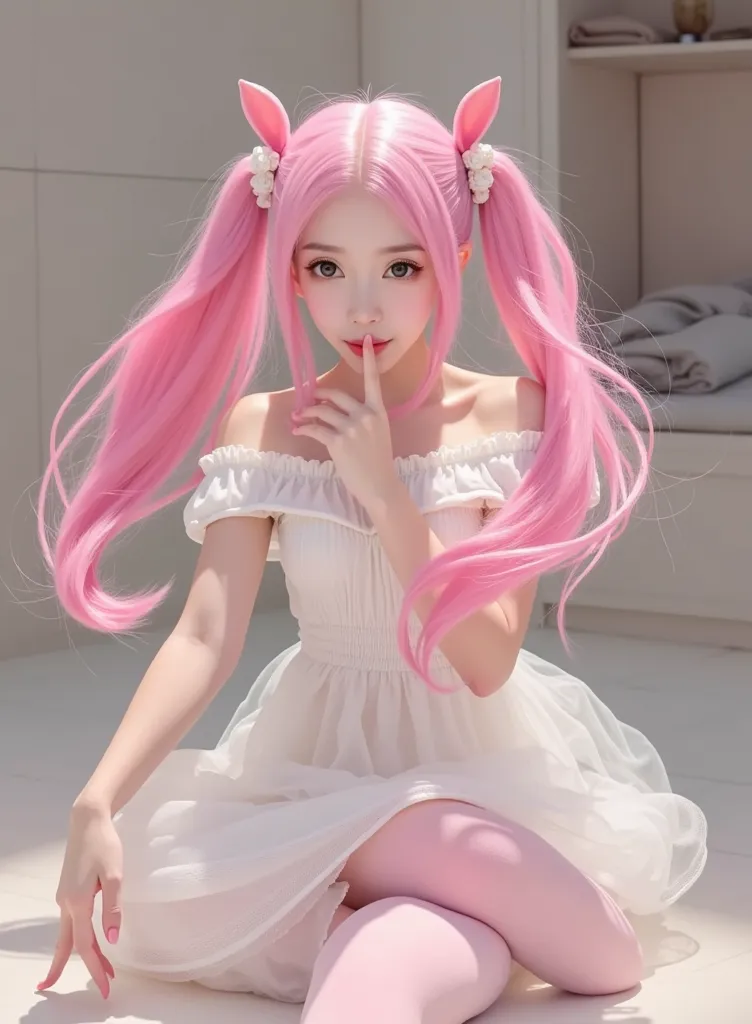 pink hair, twintails, white dress, pink stockings