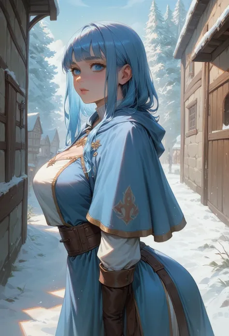 sexy girl with long blue hair and blue eyes, hair with bangs , with a big ass and two big breasts, in the middle of an Florest, snow, medieval, nobre clothes, mage, wizard clothes 