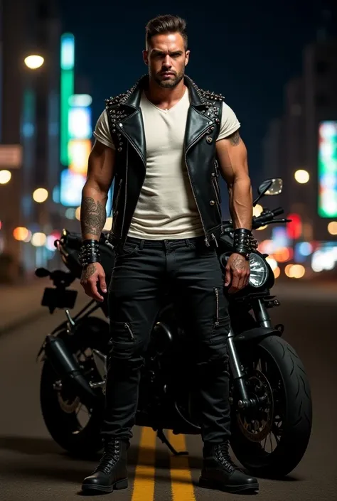 Realistic close-up photo , man, brutal, pumped up, the Airoh Phantom S ,  white t-shirt, leather pants,  motorcycle, an unbuttoned jacket with studs and studs Rocker punk leather cufflinks and spikes rocker punk stylish,  helmet is standing with his legs a...