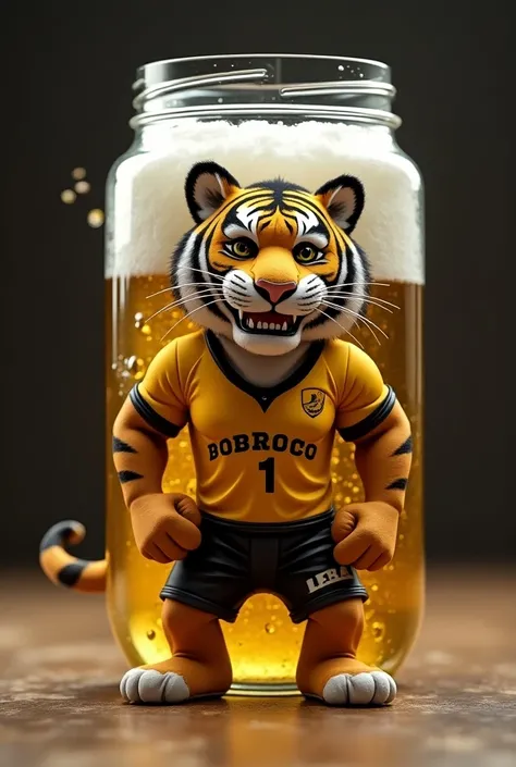 Create a mascot for a team called Boteco do Barbeiro the mascot is a tiger held in a beer jar dressed in the teams jersey whose jersey color is yellow and black create in 3D and the uniform does not need the teams symbol