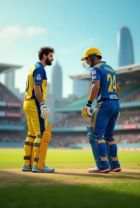 Messi batting in the pitch with Chennai Super Kings Jersey and Ronaldo bowling in the other end in Mumbai Indians Jersey