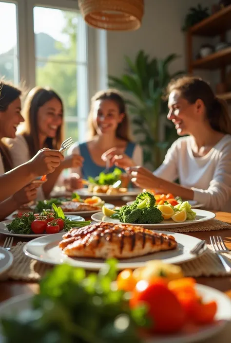 " It generates an image of a cheerful dining room with several ren of different ethnicities enjoying a healthy meal. at the table,  there are dishes of grilled fish and a variety of fresh vegetables .  The ren are laughing and sharing the meal ,  with a wa...