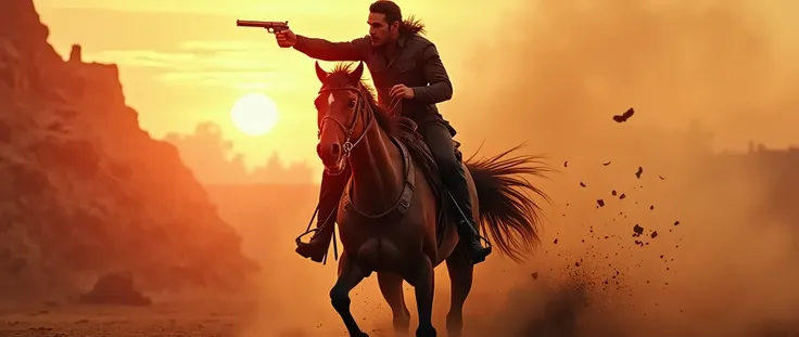 "Create a dynamic movie poster featuring the hero in a mid-close-up shot, riding a powerful horse with intense determination. The hero should be holding a gun, aiming forward, with a fierce and focused expression. Capture the motion and energy of the scene...