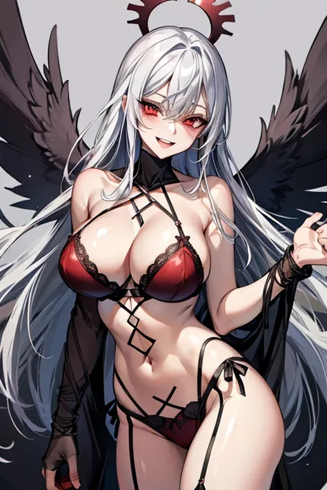 Ladydevimon , silver hair, long hair, red eyes, Sexy, ((black angel wings)),, beautiful body, huge breasts, bare face , (((red lingerie))), fair skin, happiness, laugh, smile, straight hair, bar, club, , highest quality、Best image quality、masterpiece、8k、An...