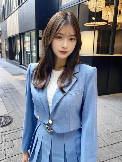  Charming Brown Haired Japanese Beauty   , amber eyes,Bob Short Hairstyle , Eye-catching charm  ,Nine Heads Body ,   Perfect Body Curves   ,(   Wearing Tiffany Light Blue Suit    :1.4),(  Wearing a White Shirt and Light Blue Tights ),   Slit long skirt  , ...