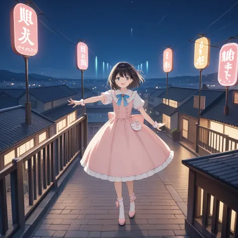 score_9,score_8up,score_7up,score_6up,best quality, official art, source_anime,rating_safe,、 A magical girl is dancing on the roof of a building at night 。Black hair medium bob hairstyle 。 wearing a cute dress 、The hem flutters in the wind 。Mr.々 colored ne...