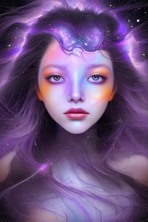 a surreal ethereal woman in a deep cosmic space, woman merged with the universe, nebula, galaxy, cosmic clouds enveloping her body and face, flowing hair softly lit, serene expression, small vibrant stars seamlessly blending into star-textured background, ...