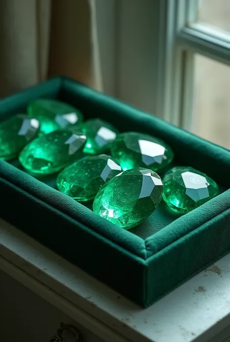 Large emeralds placed in a luxurious cloth tray