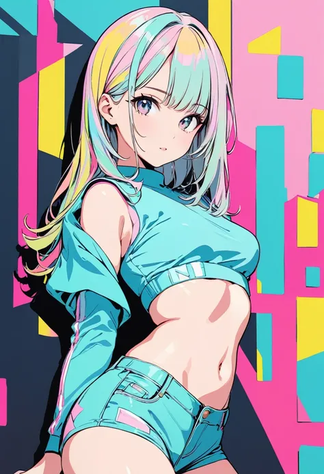 (masterpiece, best quality:1.1), (ultra highres, ultra-detailed:1.2),pop-art,(pastel color),girl pose,wearing cropped outfit,minimal design,BREAK teenager, cutie,waist focus,