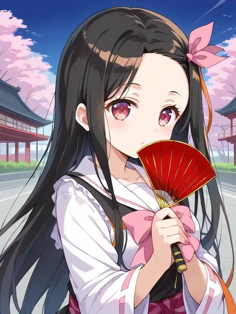 source_Cartoon, Morning Fragrance  ,    deep black hair with red ..很長Target髮, , 超長Target髮,  Pink Eyes, ribbon, Forehead ..ribbon, Kamado Nezuko,,  1 girl in , A brown , Ahead, 頭髮ribbon, common, long hair,  Black and Red Hair  ,  Pink Eyes, ,  pink nails , ...