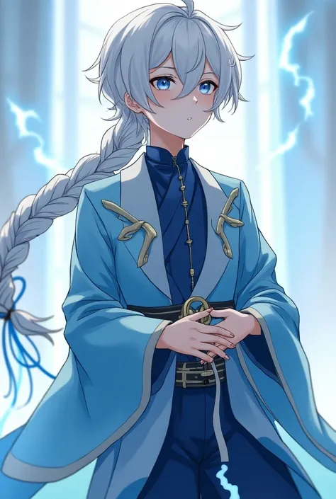 A young 19 year old guy with blueish-grayish eyes and long white braid to his ankles with light blue strands. Clothing is genshin impact themed and he has a anemo sumeru vision. Hes a 500 year old god who was locked in the abbys, so make his hand with a bl...