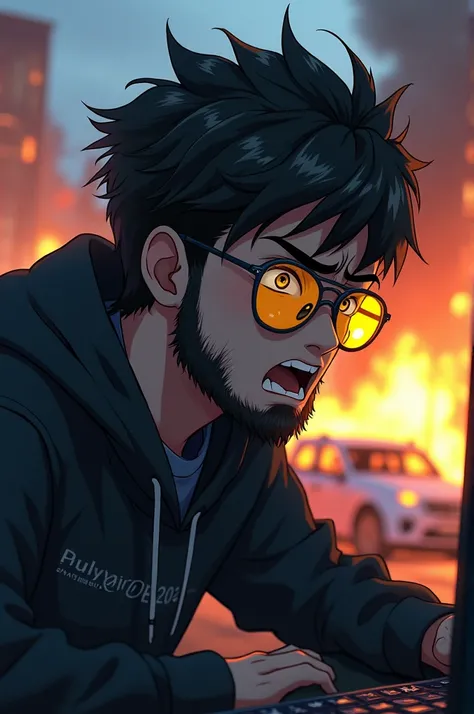 An anime boy with Ray-Ban glasses in black and yellow with short styled and medium-length full beard who is about to freak out because he loses in Call of Duty on Playstation 5 and flames and burning cars can be seen in the background