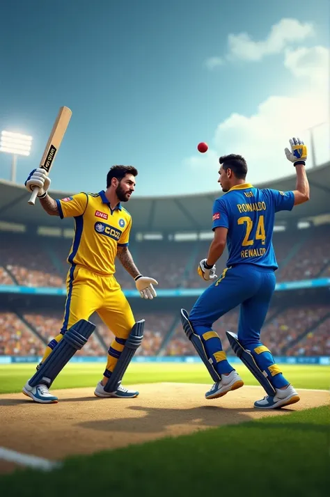 Lionel Messi batting Chennai Super Kings Jersey and Christiano Ronaldo bowling in the other end in Mumbai Indians Jersey