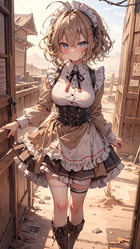 masterpiece, 1 girl, sparrow, a brown haired girl, wearing a maid clothes, curly short hair, messy hair, slim body, he close her...