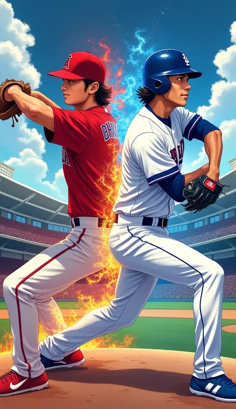 background,Pro baseball spirits-style poster ，Shohei Ohtani,ピッチャーのShohei OhtaniとバッターのShohei Ohtaniが対決している, Los Angeles Dodgers