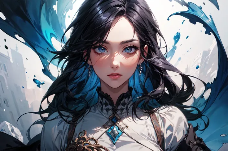 （Best picture quality，tmasterpiece，aquarelle，Splash ink）Close-up of a woman with black hair，Belle peinture de personnage，Splash ink，Epic and beautiful character art，Stunning character art