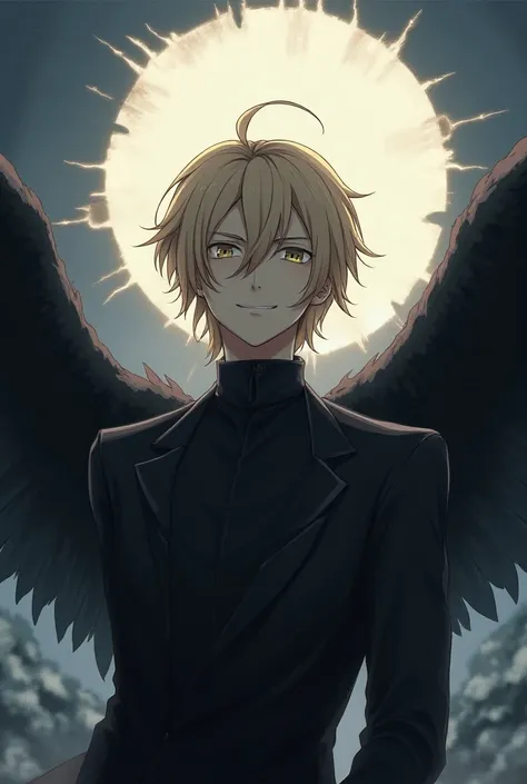 male、 handsome、Droopy eyes、Daraketa Clothes 、Broken Circle of Black Angels、Blonde、Black wings on the back、 anime style、 hair hanging over shoulders, Overlooking, smile, 