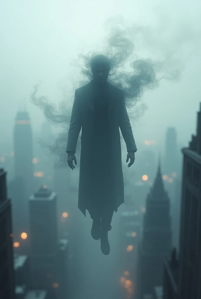 A man of smoke in the sky of the city of smoke over the city of magic