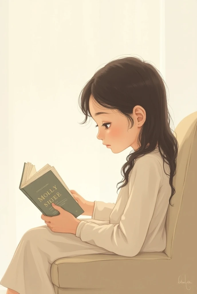 sweet girl (in simple drawing) reading a book (side view) 