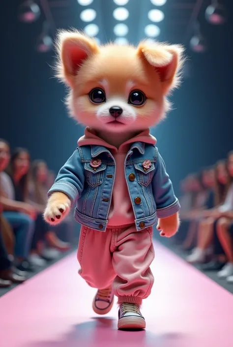 A pet puppy kitten ,  parading on a fashion runway wearing a denim jacket and sweatpants.