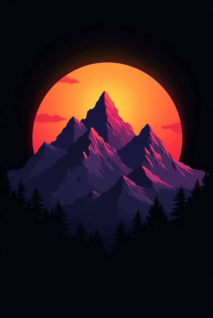 Design a creative and modern T-shirt featuring a bold graphic of a stylized mountain landscape with vibrant colors. The mountains should be in shades of purple and orange, with a sunrise in the background. The T-shirt should have a minimalist and trendy ae...