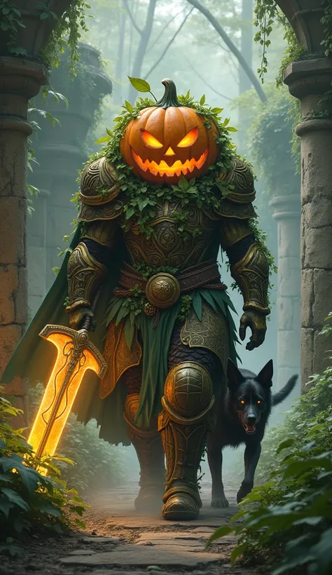 Pumpkin Paladin: "A round, armored pumpkin figure, carved with intricate battle designs, strides confidently through a crumbling stone fortress. Its glowing, carved eyes peer from under a helm made of vines, and it wields a glowing sword. Walking beside it...