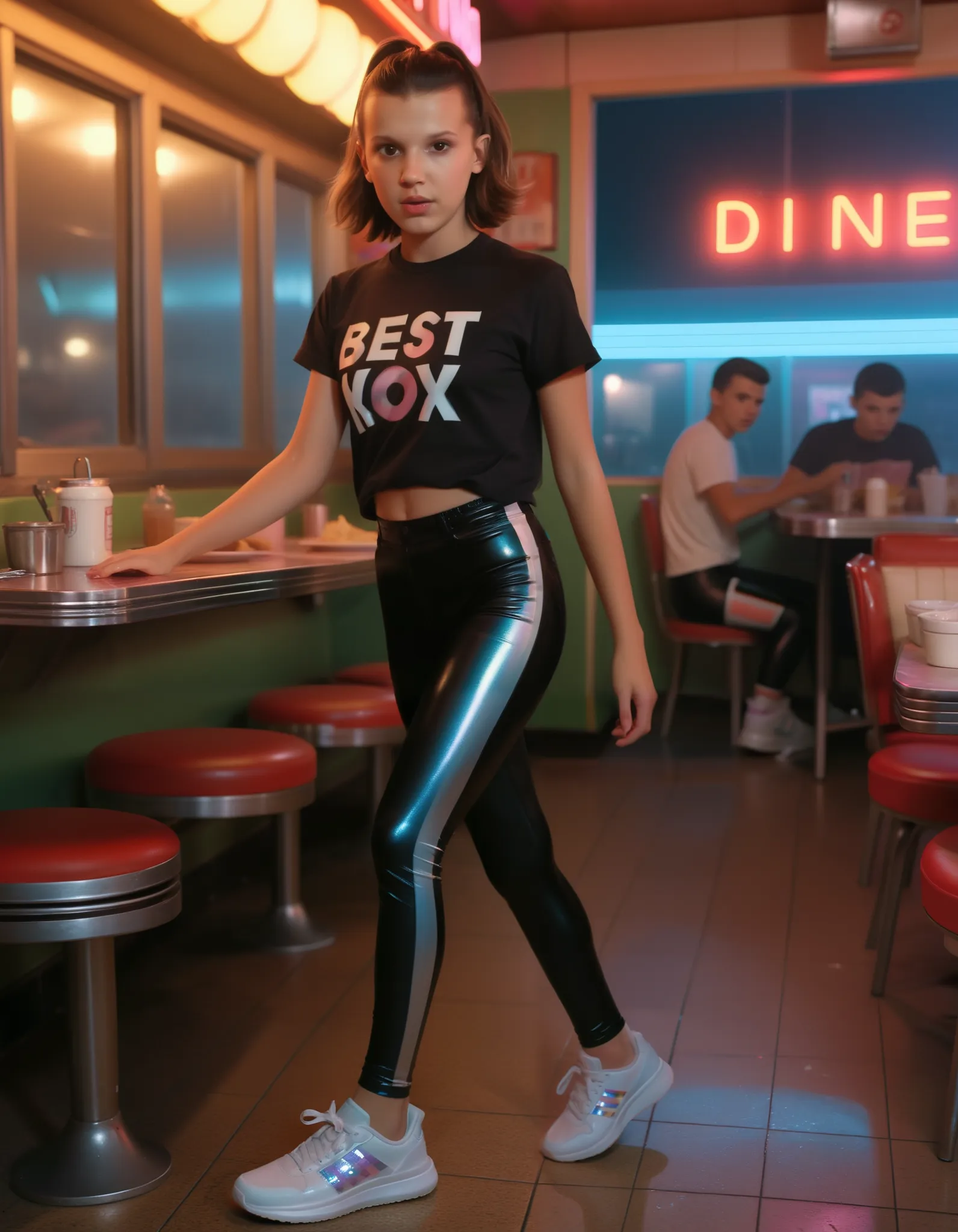 millie bobby brown, revealing t-shirt and tight shiny leggings, trainers, walking in a diner in the 1980s at night, dynamic acti...