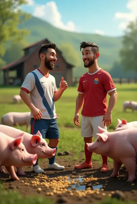 Messi and ronaldo feeding the pigs
