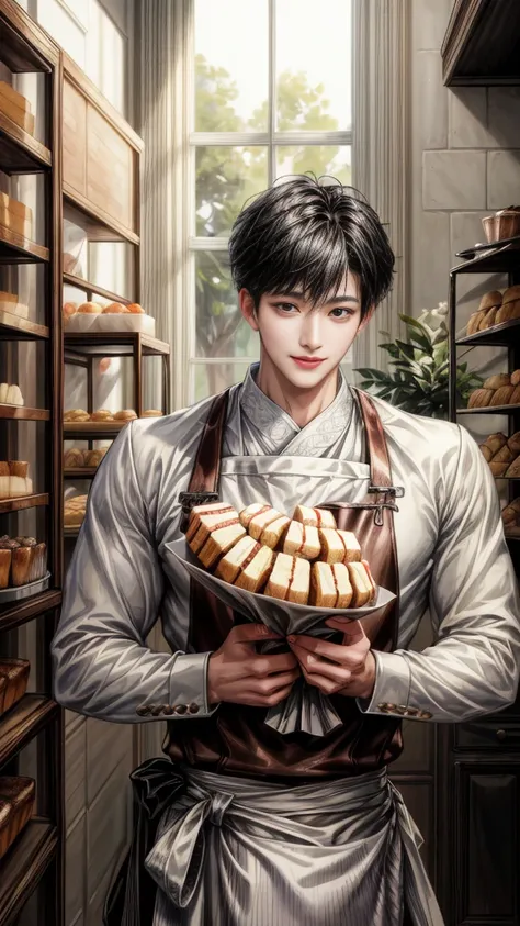 (absurdres, highres, ultra detailed, HDR), masterpiece, best quality, 1male, 30 years old, korean guy, insanely handsome, short hair, finely black eye and detailed face, only white french Bakers outfit, dessert bakery, light smile, closeup upper body angle...