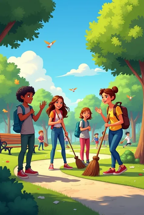 Create an disney image of teenagers cleaning at the park with hplding broom and trash bag