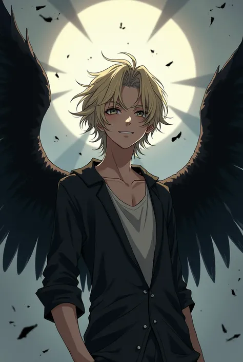 male、 handsome、Droopy eyes、Disheveled clothing、Broken Circle of Black Angels、Blonde、Black wings on the back、 anime style、 hair hanging over shoulders, Overlooking, smile, 