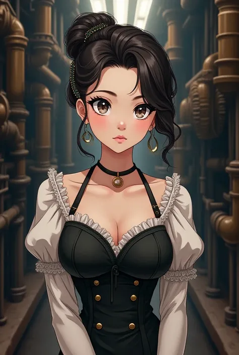 Create a woman from the time of the industrial revolution in anime style 