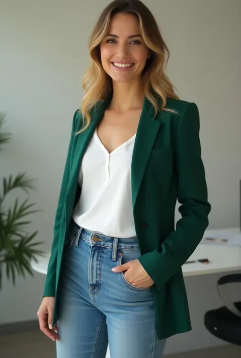 Femme dans son bureau professionnel en tant quassistante personnelle vêtue dun jean, chemisier blanc et blazer vert