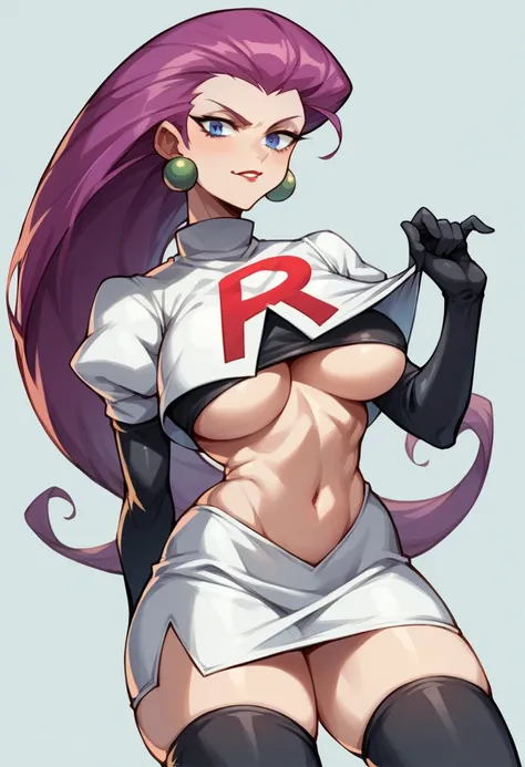 Jessie from pokemon, hair slicked back, long hair,purple hair,blue eyes,
team rocket ,team rocket uniform ,white skirt,crop top,thighhighs,elbow gloves,  big breasts , (underboob 1.4), 