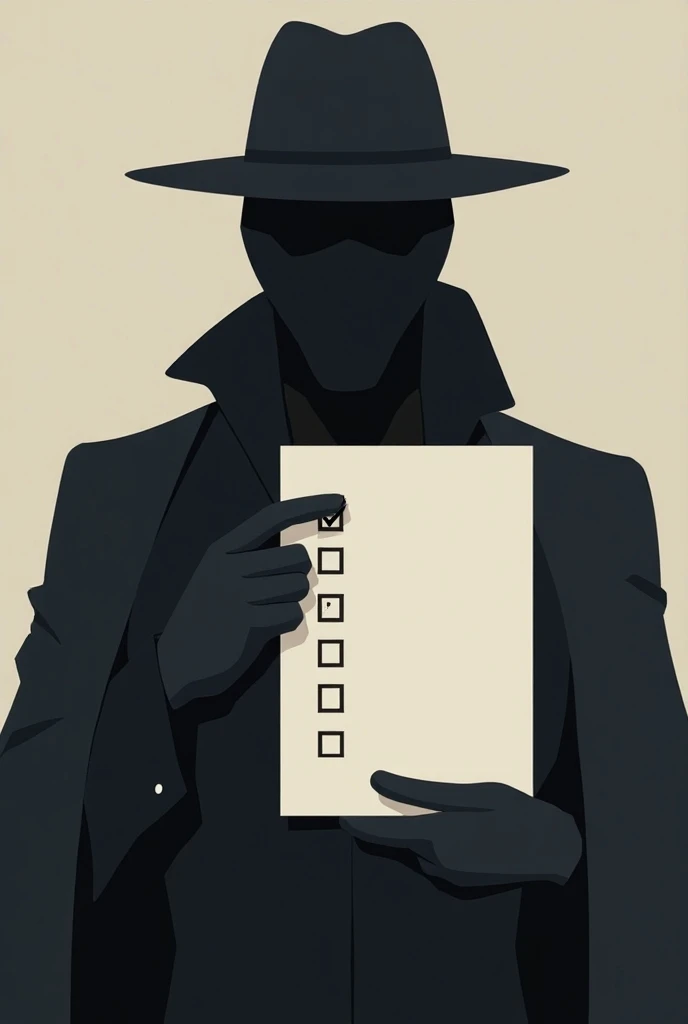 "A minimalist silhouette of a thief in a black mask holding a blank checklist up close. The checklist contains a simple checkboxes. The design is modern, sleek, and minimalist, with no text. The thief’s silhouette is clear, and the checklist is the focal p...