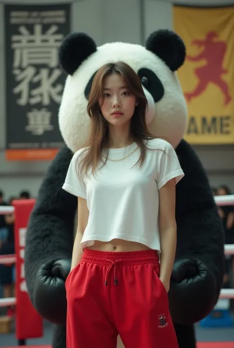 ((best quality)), ((masterpiece)), (detailed), 1girl, 
Japanese beautiful woman, large white t-shirt 、red sweatpants 、 slender、slim、Beautiful Woman with Big Eyes 、 Beautiful Girl、Beauty、 giant panda boxer figure of the animal standing in front giant bandas...