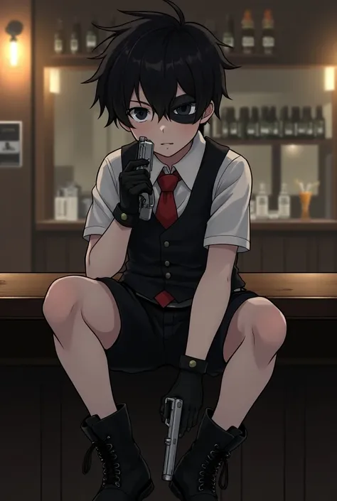 Anime style. 13. Summer pale boy. Shaggy black hair, black eyes, a black bandage covers his left eye. Dressed in a white collared shirt with short sleeves, with a red tie on the collar. The shirt also has a buttoned vest on it. Black gloves on the palms, b...