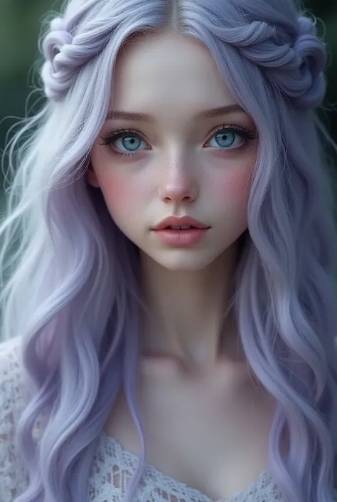 long, smooth and wavy ash gray hair with a slight lavender tint .  airiness and otherworldly quality, Waist length hair, shimmering with lavender shades, often loose or braided into complex braids.
Heart shaped face with a slightly pointed chin, softening ...