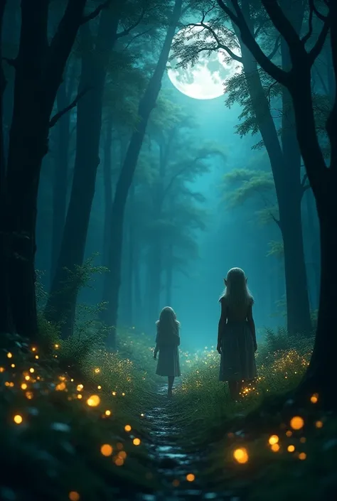 fairytale forest, fireflies, moonlight, elves, fantasy world , without figures ,lots of trees