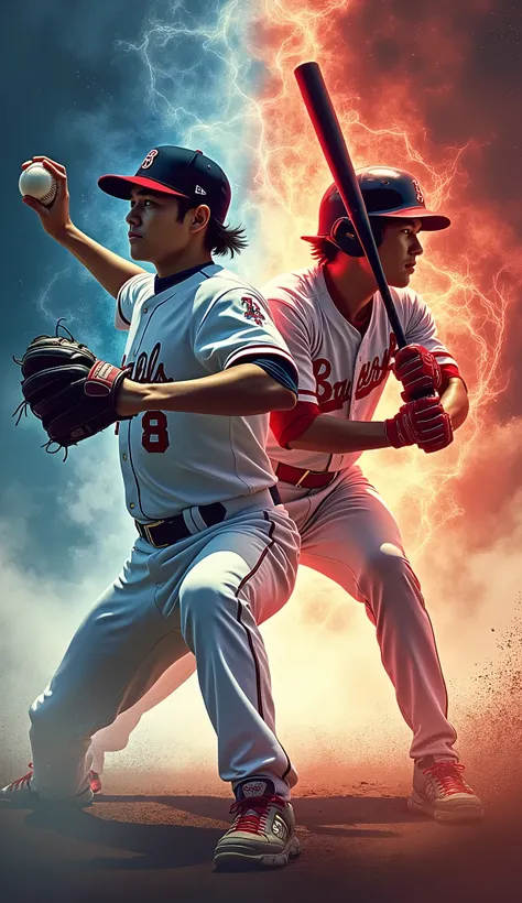 background,Pro baseball spirits-style poster ，Shohei Ohtani,ピッチャーのShohei OhtaniとバッターのShohei Ohtaniが対決している