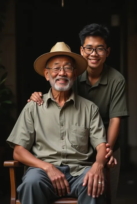  50-year-old Indonesian father using peci sitting in a chair and 25 year old boy wearing glasses ,  standing behind ,  s hand on fathers shoulder . smile cheerfully. To camera 