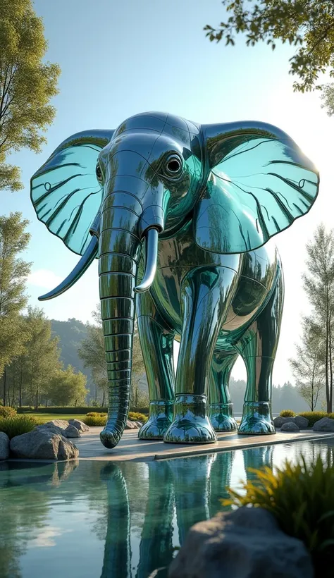 Create a hyper-realistic image of a stunning home made entirely of glass, designed in the shape of an elephant. The large elephant ears form expansive verandas, while the majestic trunk serves as the grand entrance, winding through the structure. The entir...