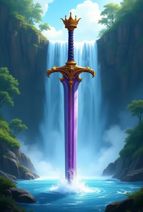 An animated landscape in the middle of a waterfall,  then in the center make a sword with the purple blade, inside a kings crown 