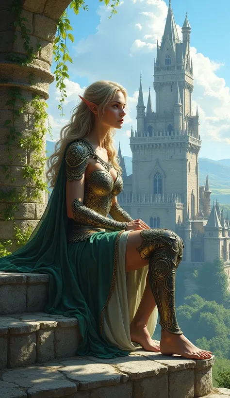 An elven warrior woman sits on the steps of a castle