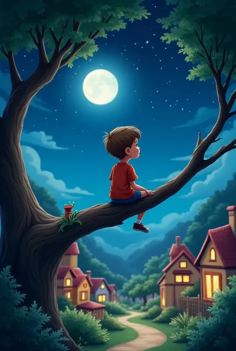 Cartoon boy back side seat in tree in village night time missing someone beautiful village beautiful sky and moon atlastic image 4K ultra HD beautiful village missing someone boy